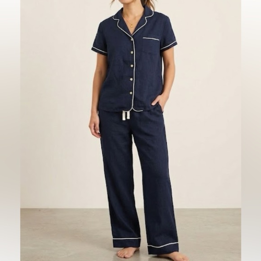 J. Crew Blue Pajama Set with White Trim